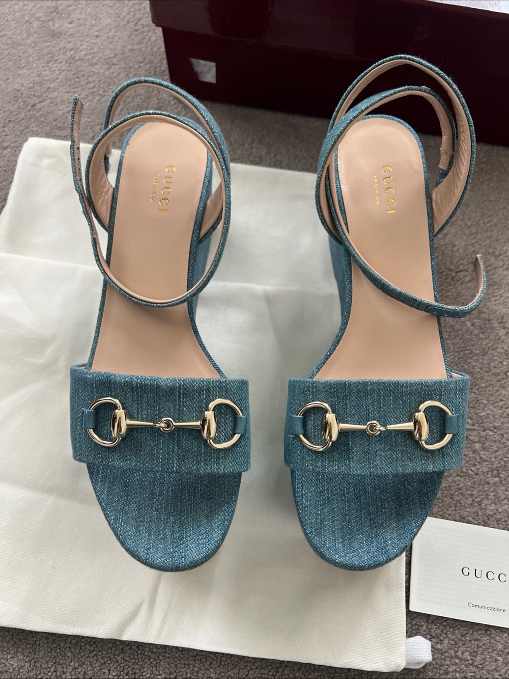 $1,030 Gucci Lady Horsebit Denim Platform Sandal EU 38.5 US 8.5